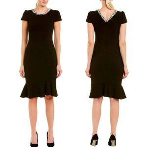 Betsey Johnson | Black Scuba Crepe Dress | Ruffled Hem and Pearl Trim | Size 4